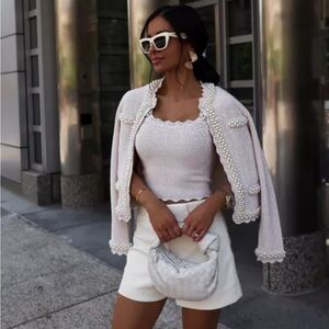 NWT House of Harlow 1960 Embellished Faux Pearl Cardigan